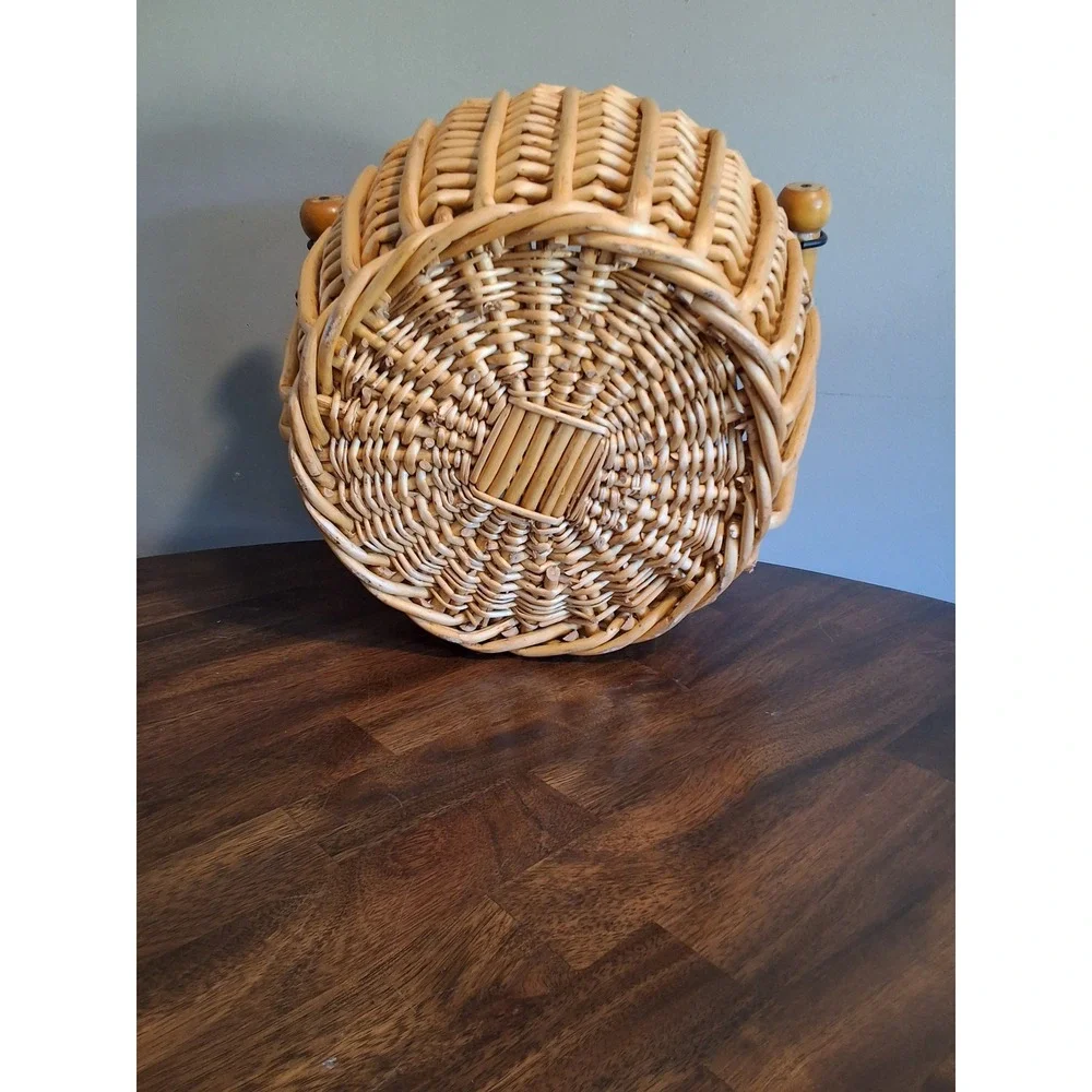 Vintage Round Wicker Basket with Wood Dowel Handles Natural Rattan Storage 10in